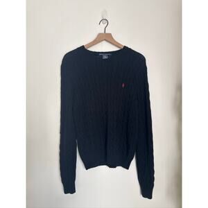 Ralph Lauren Vintage Classic Chic Cable Knit Wool Cashmere Sweater - Black, LG